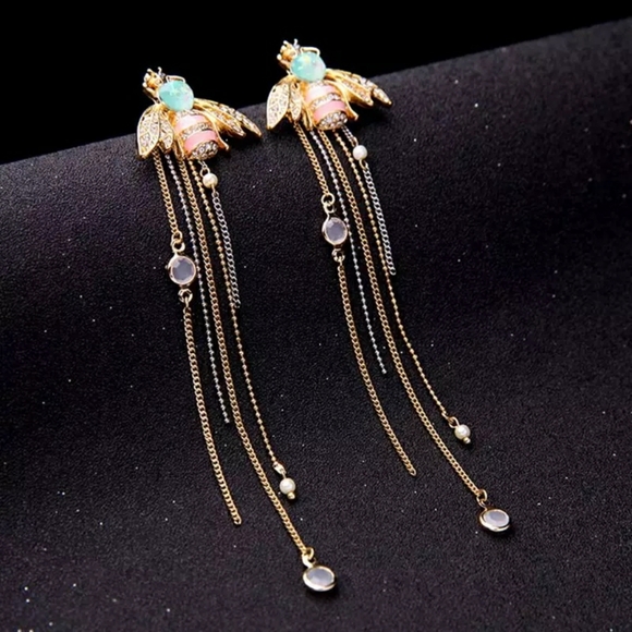 Enamel Bee Crystal & Rhinestone Gold Drop Earrings - Picture 8 of 8